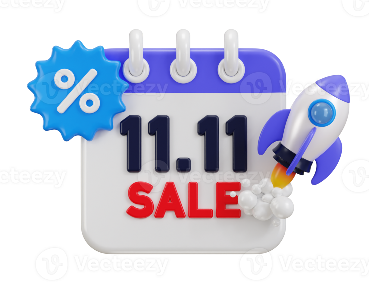 3d calendar with discount badge and rocket concept on 11.11 advertising campaign icon 3d render illustration png