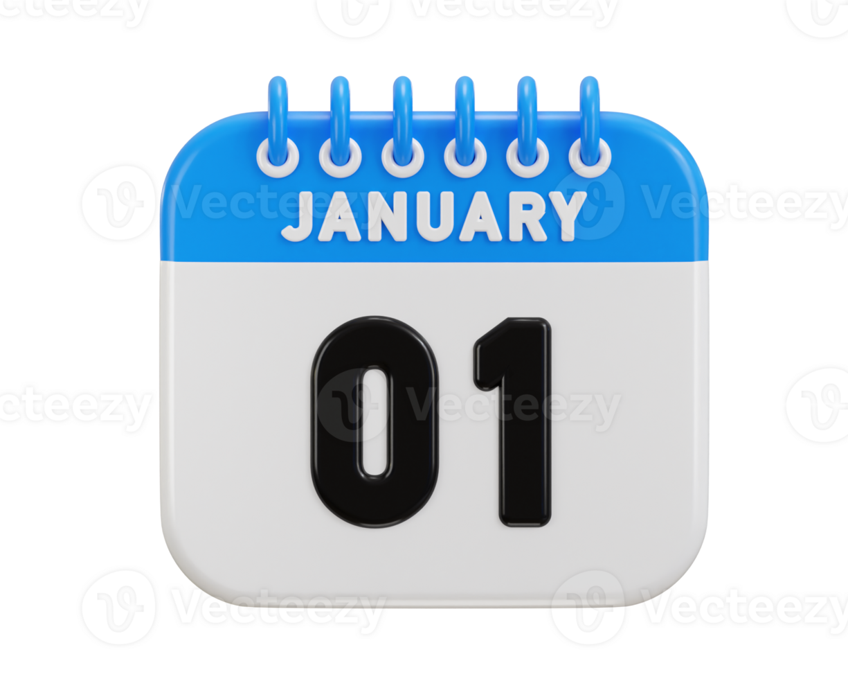 1st of January date on calendar icon 3d rendering illustration png
