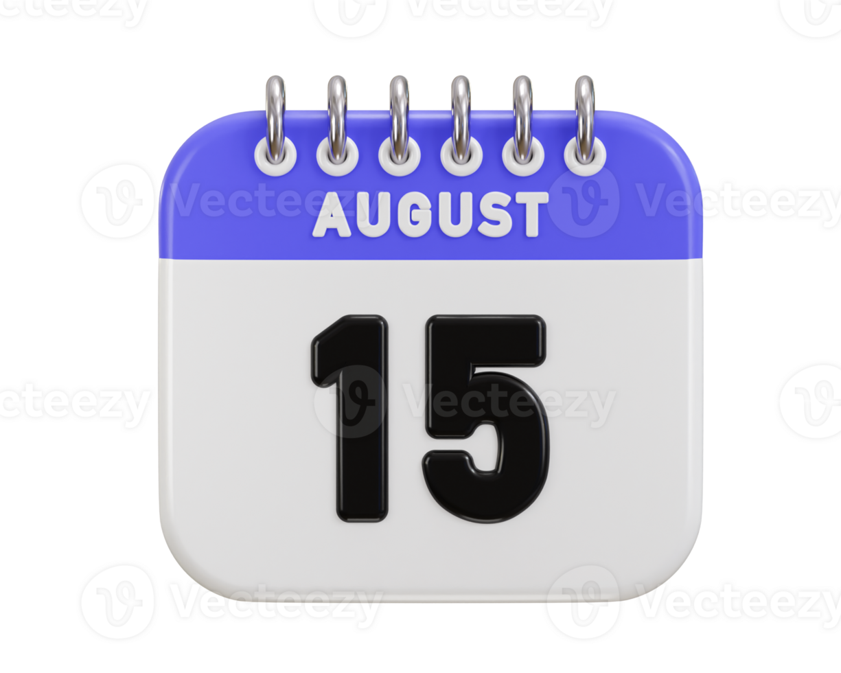 15th of august date on calendar icon 3d rendering illustration png