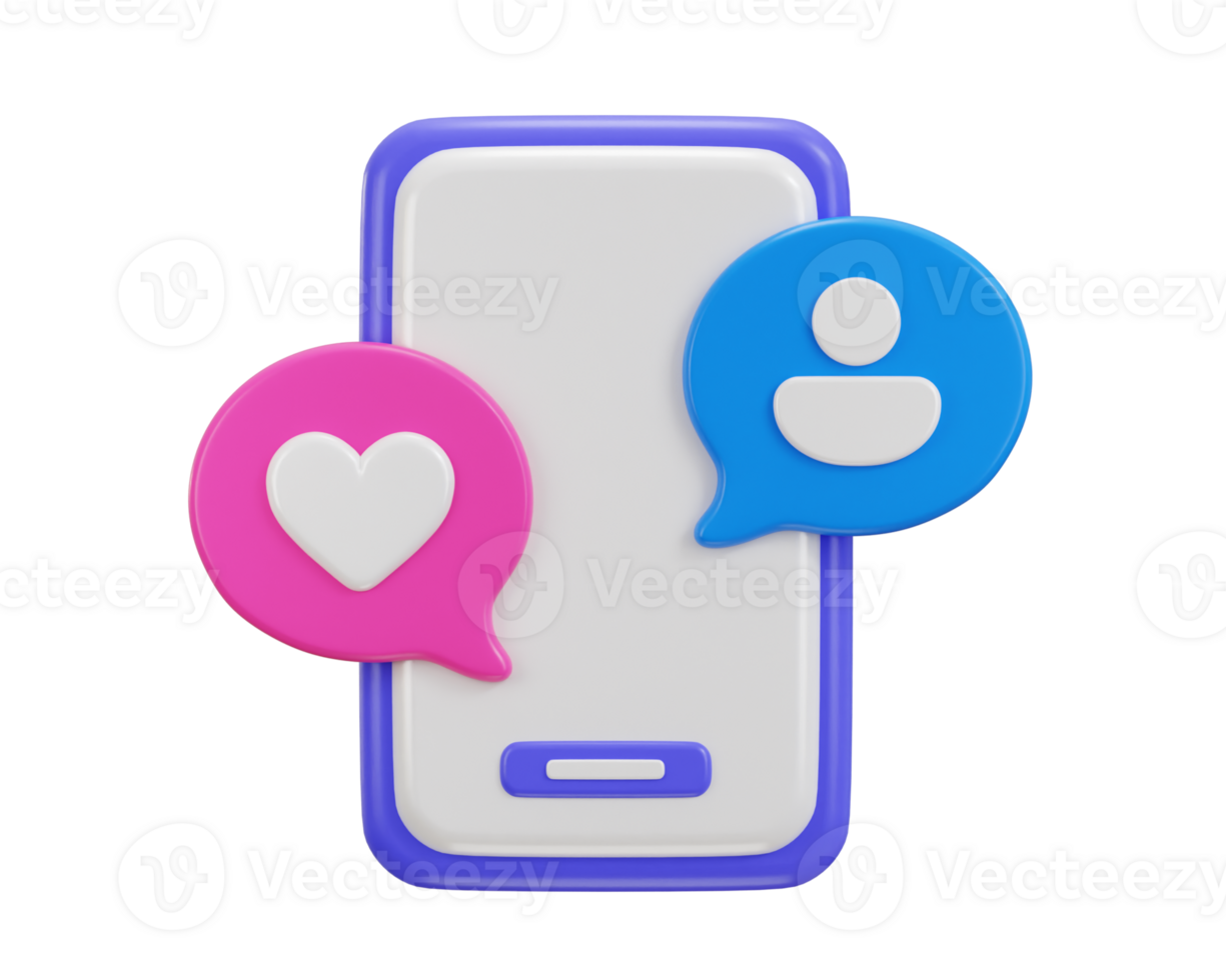 3d smart phone with speech bubble icon concept of social media user and like icon 3d rendering illustration png