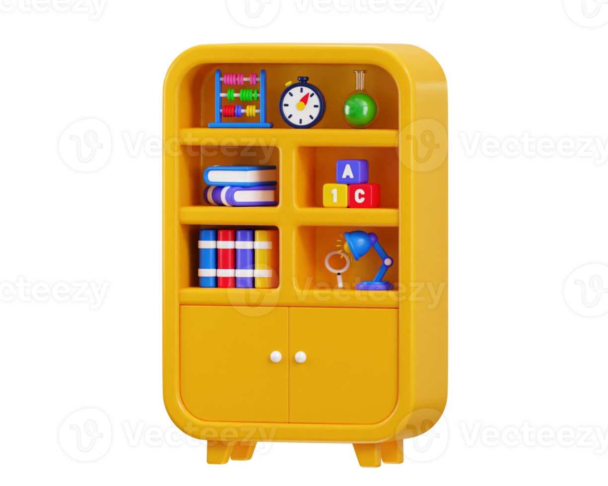 bookshelf icon with book, clock, chemical flask and table lamp icon 3d render png