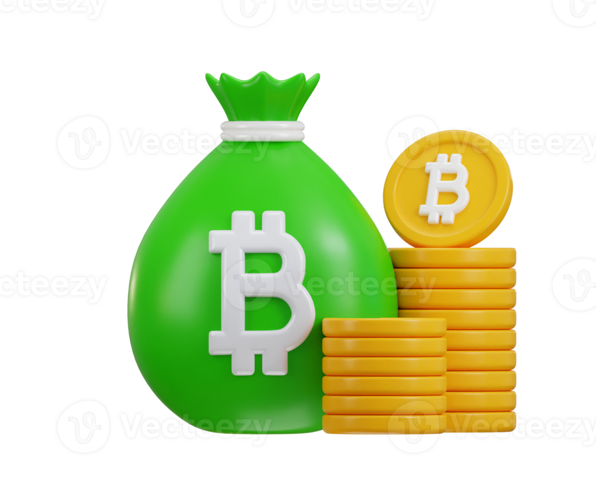 Money bag icon with full of money on bag with bitcoin icon 3d rendering illustration png