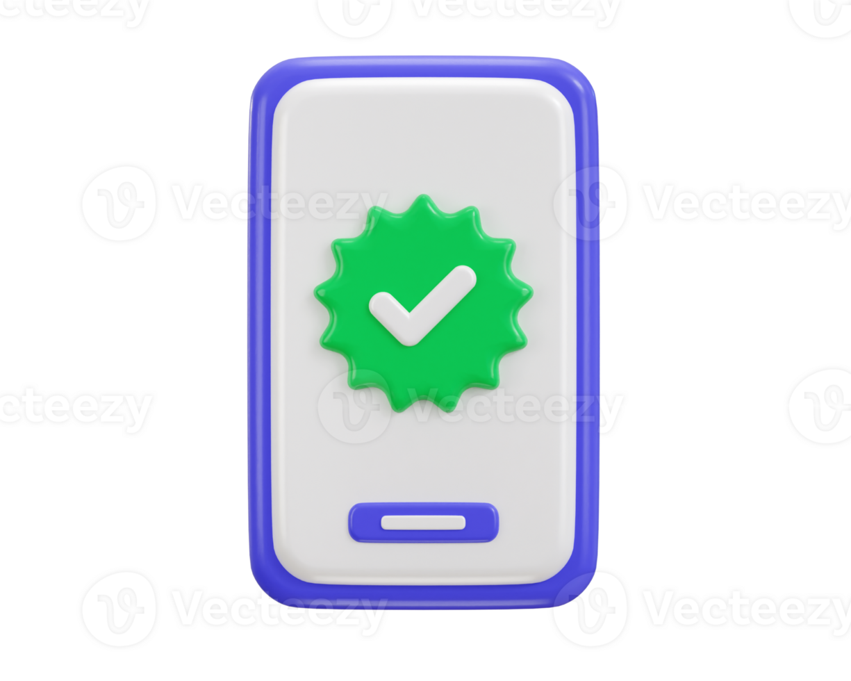 Smart phone with verified icon 3d render concept of accept, approve, agree on application icon png