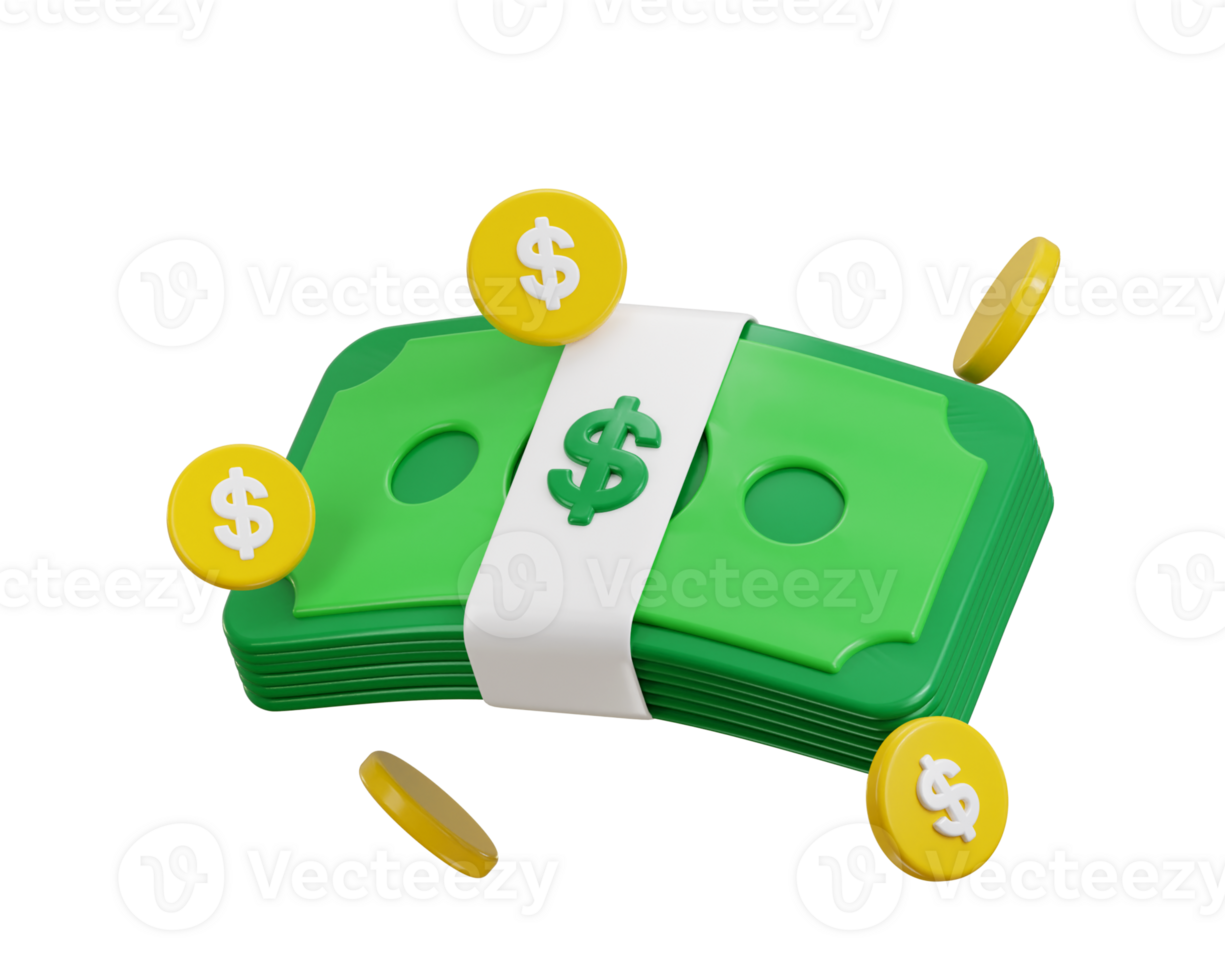 Money note bundle icon with dollar coin icon 3d rendering illustration png