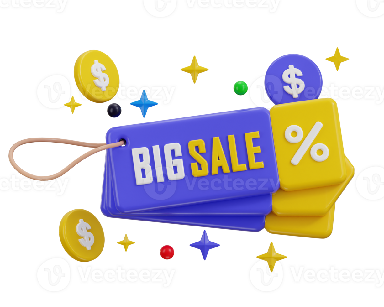 Big Sale tag with discount percentage icon 3d render concept of discount offer tag 3d icon png