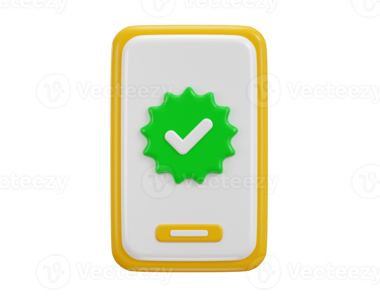Smart phone with verified icon 3d render concept of accept, approve, agree on application icon png