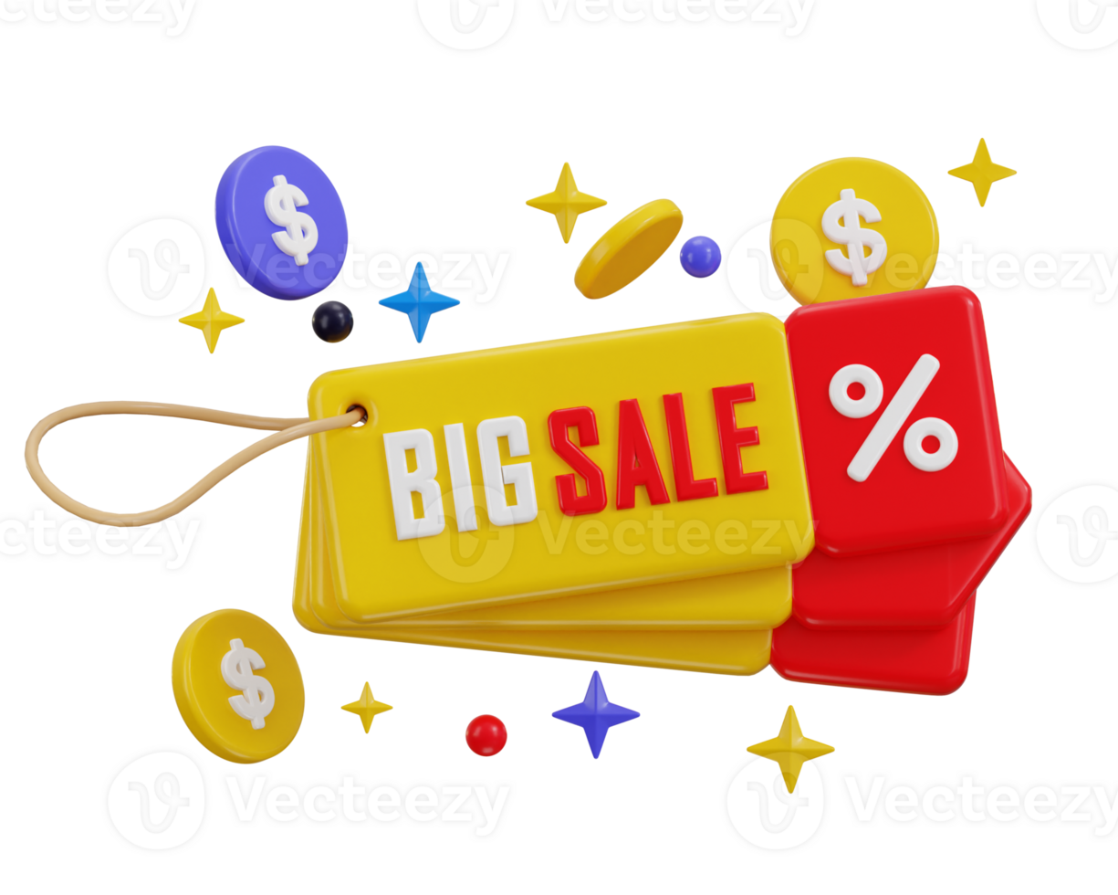 Big Sale tag with discount percentage icon 3d render concept of discount offer tag 3d icon png