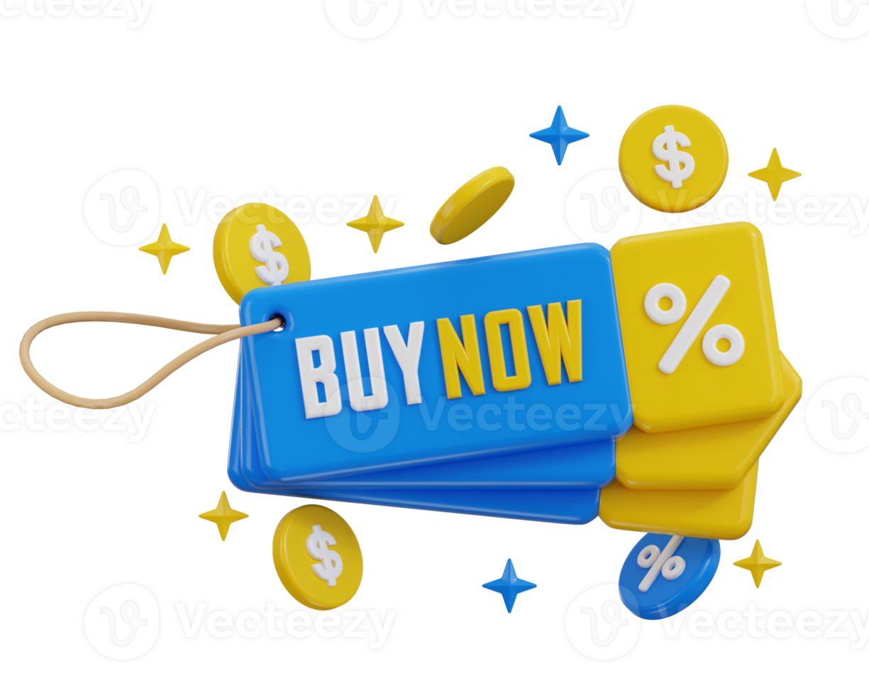 Buy now text with discount percentage tag icon 3d render concept of discount offer tag 3d icon png