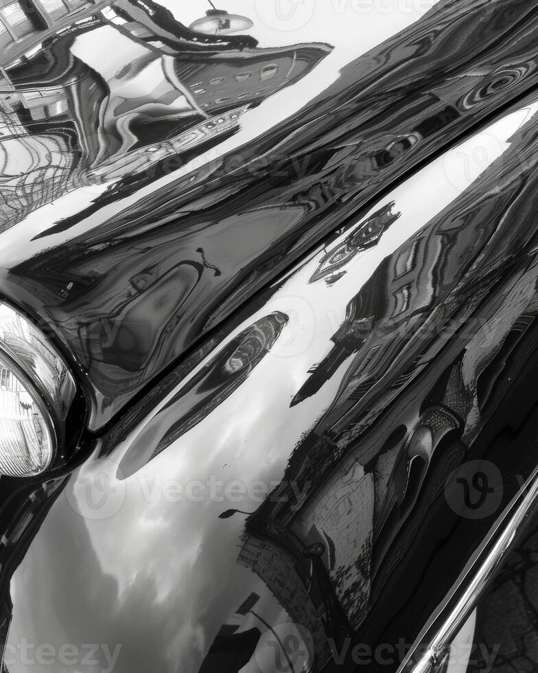 The urban landscape reflected in the sleek surface of a cars hood adding layers to the image. Black and white art. photo