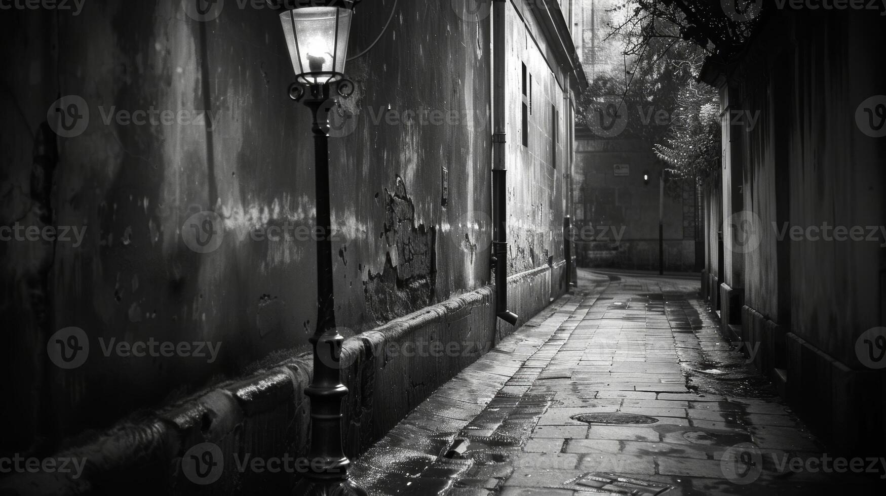 Alone in a deserted alleyway the old street lamp serves as a solitary guide for anyone who dares to venture through. Black and white art. photo