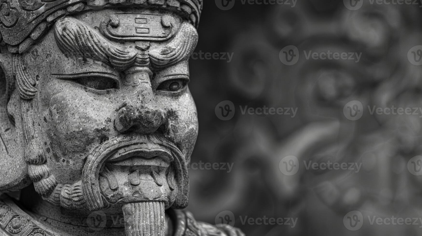 An ancient stone warrior with a stern expression and finely craftedart.mor. Black and white art. photo