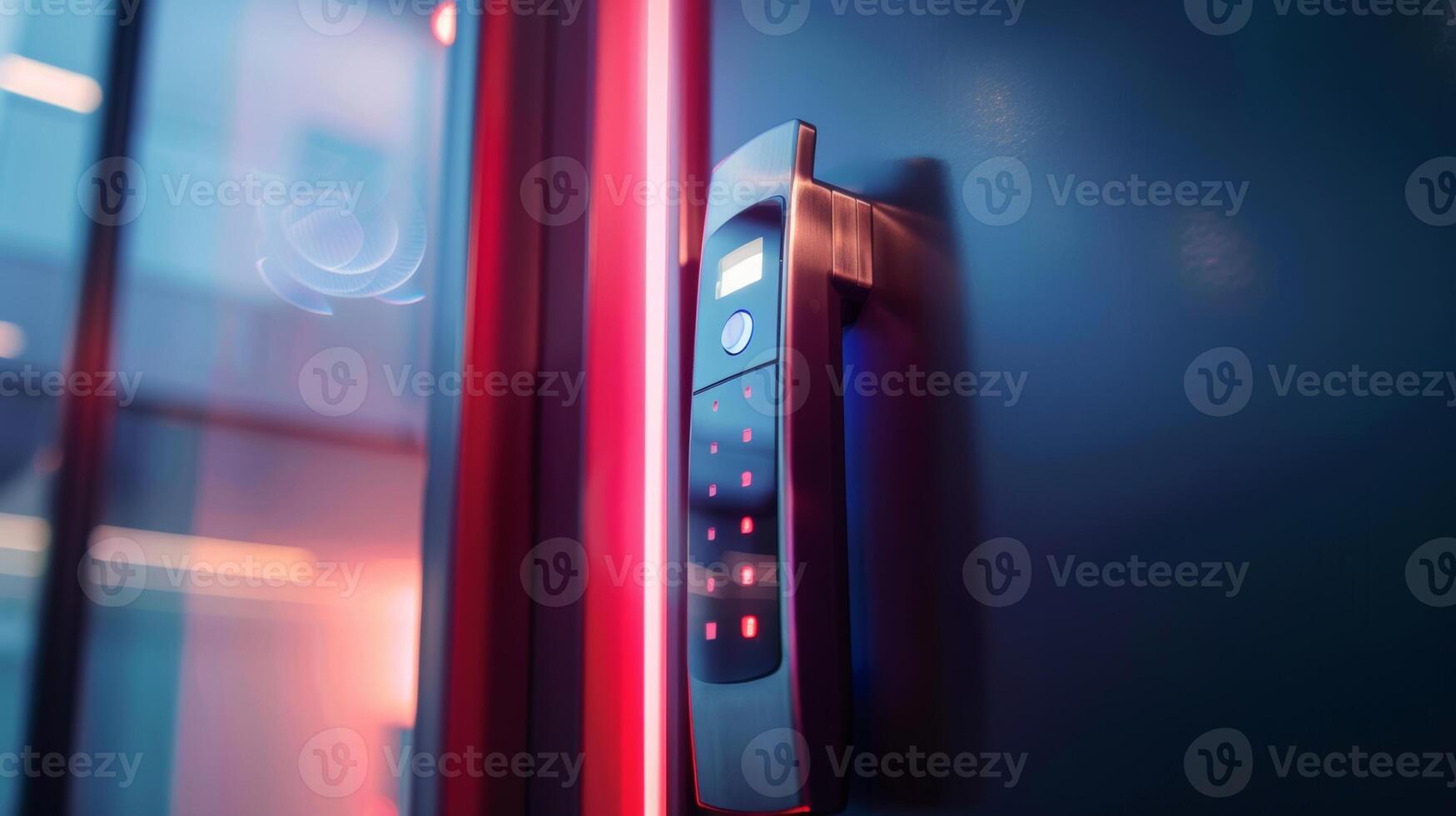 A detailed shot of the keyless entry system on a smart door lock with its slim card reader and touch sensitive pad. The futuristic design and advanced technology make it a convenien photo