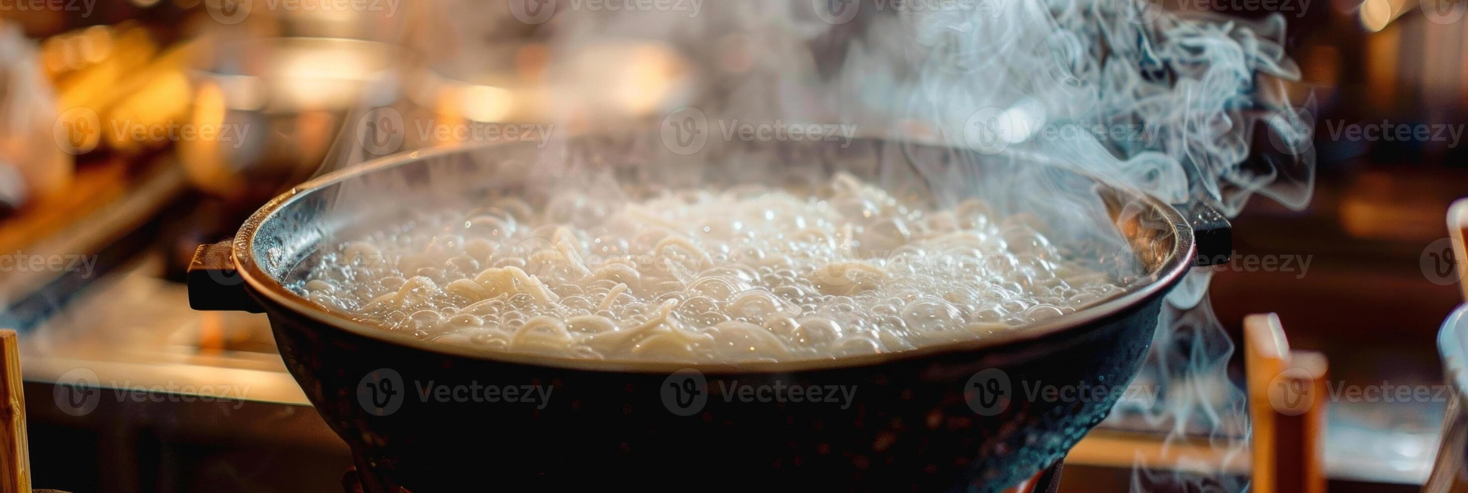 A steaming pot of boiling water ready to cook the soba noodles to perfection photo