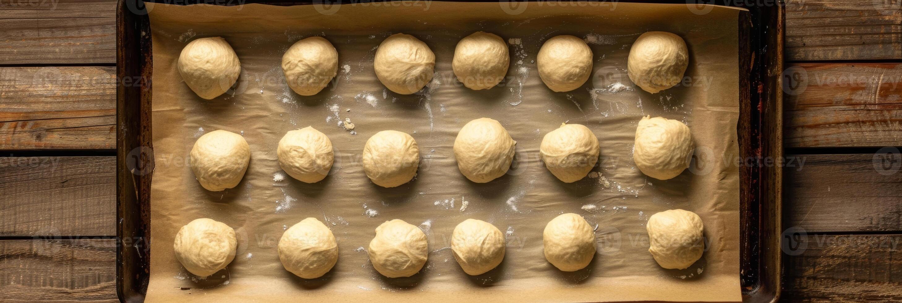 A baking sheet lined with parchment paper ready to be filled with balls of buckwheat bread dough ready for a final rise before baking photo
