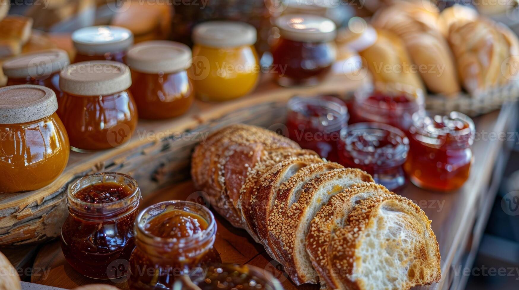 An array of homemade jams honey and spreads to accompany fresh crusty bread from the local bakery photo
