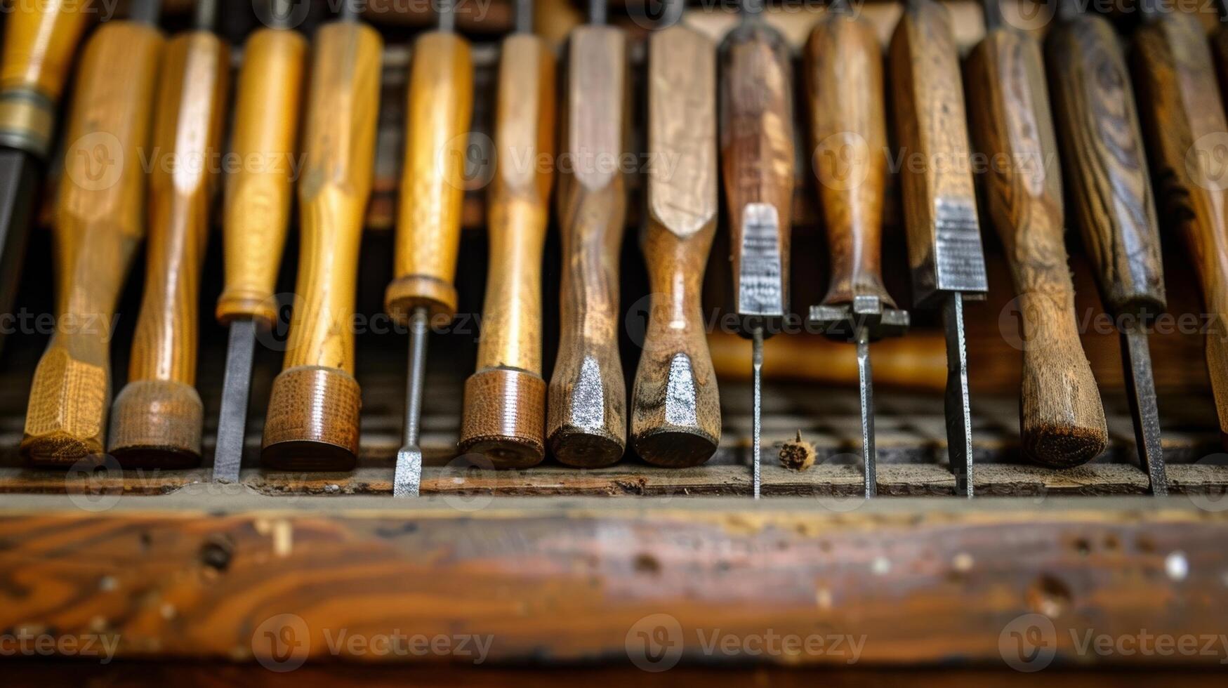 A series of various sized chisels each with a unique wood handle and character lined up in perfect order on a velvetlined shelf photo