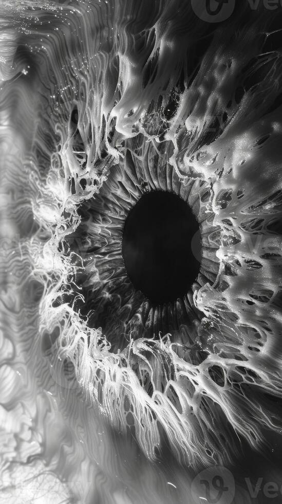 The texture of the iris resembles a galaxy with swirls of varying shades. Black and white art. photo