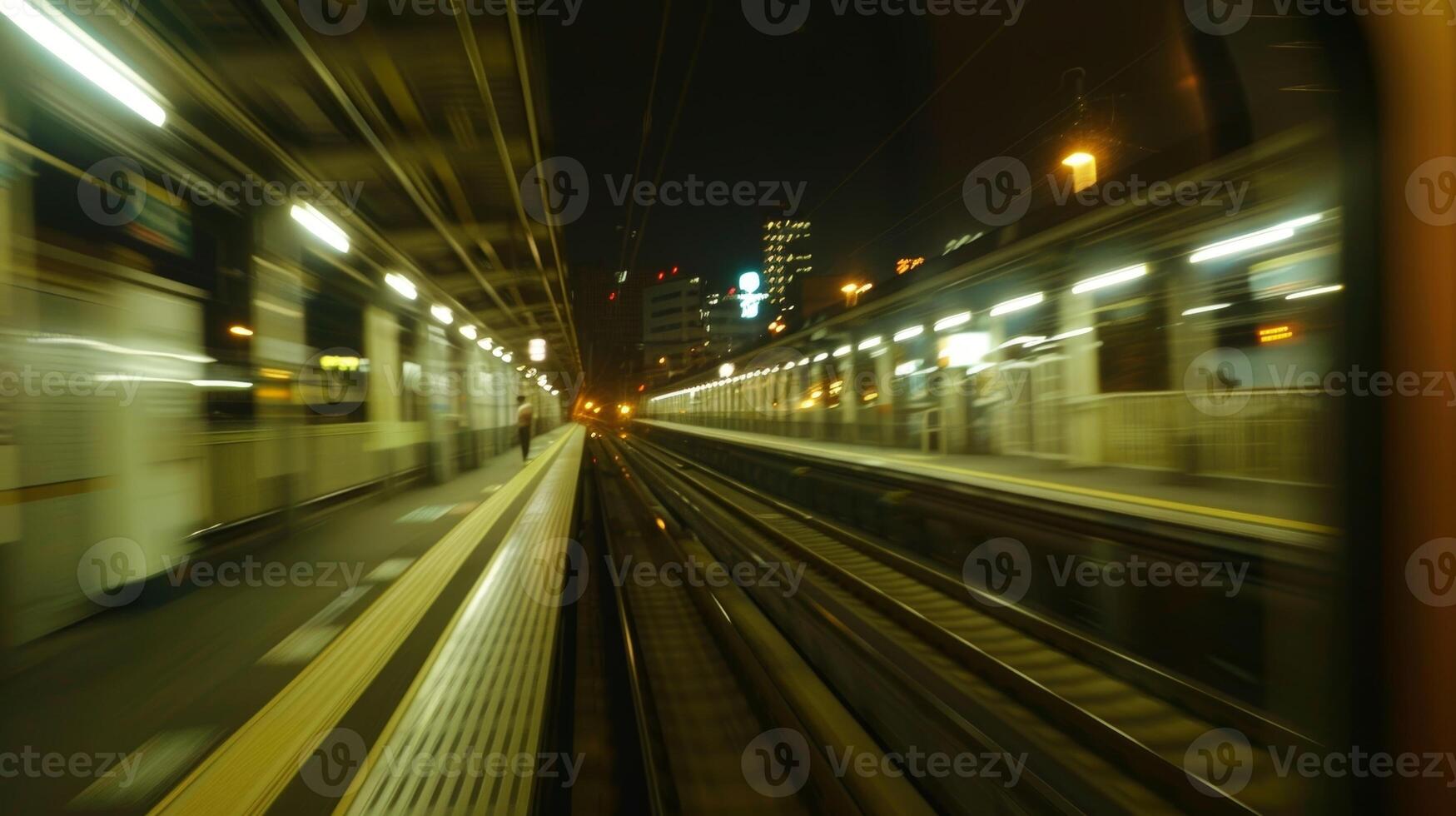As the train pulls away the station becomes a blur of lights and motions photo