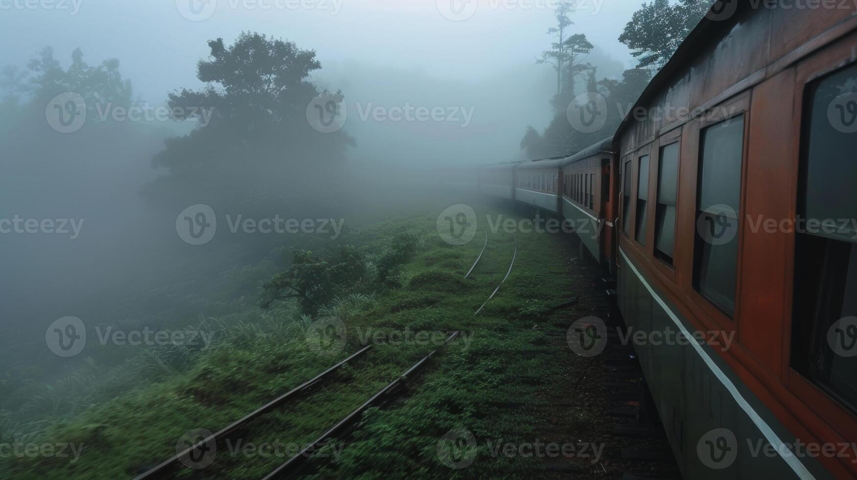 Fog envelops the train adding an ethereal touch to the journey along the historic rail lines photo