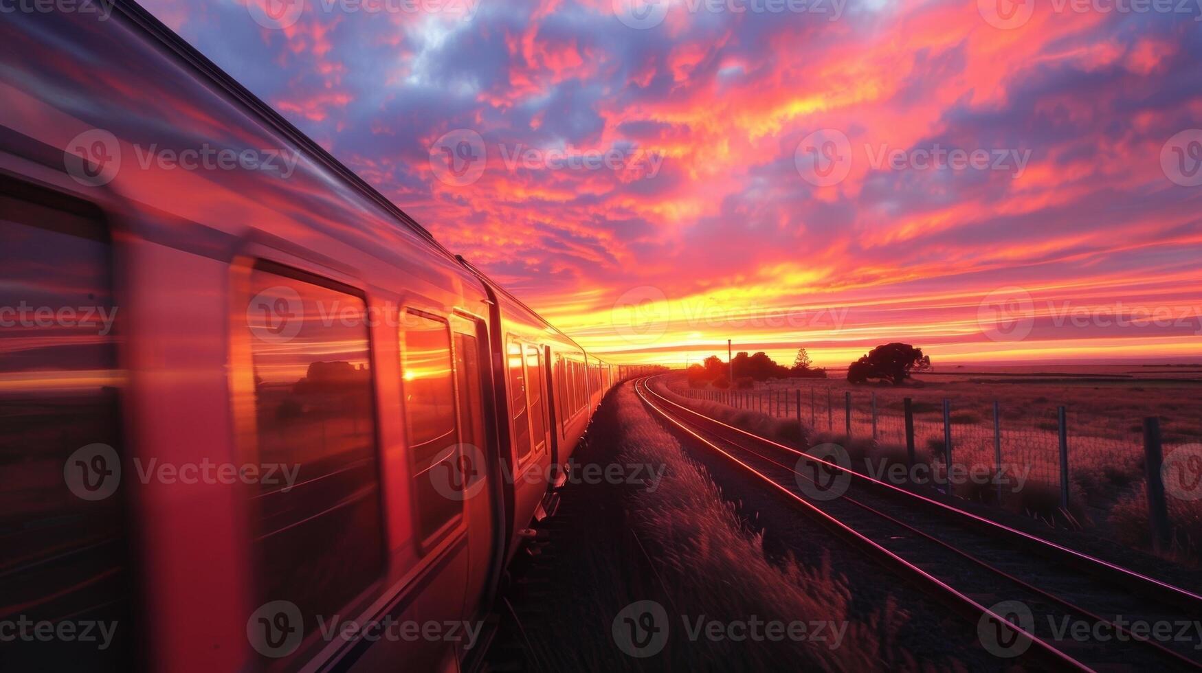 Hues of pink and orange painted the sky as the train continued on its path providing a stunning backdrop for the journey photo