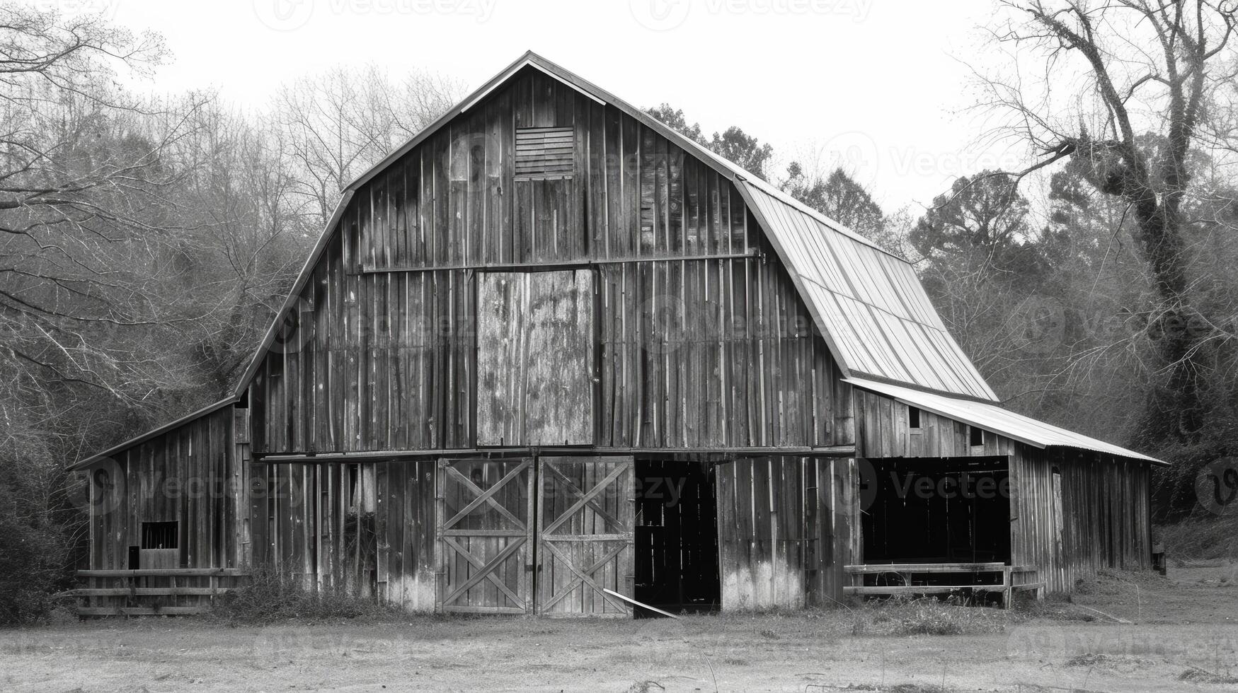Rustic charm exudes from every inch of the old barn with its crooked doors and weathered roof. Black and white art. photo