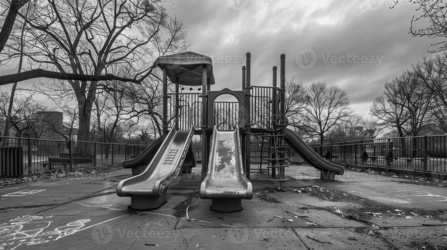 The quiet playground is a stark contrast to the vibrant laughter and energy it once held. Black and white art. photo