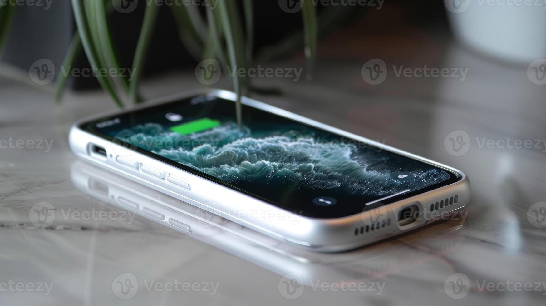 A closeup of a slim wireless charging case in metallic silver featuring a raised edge for added screen protection photo