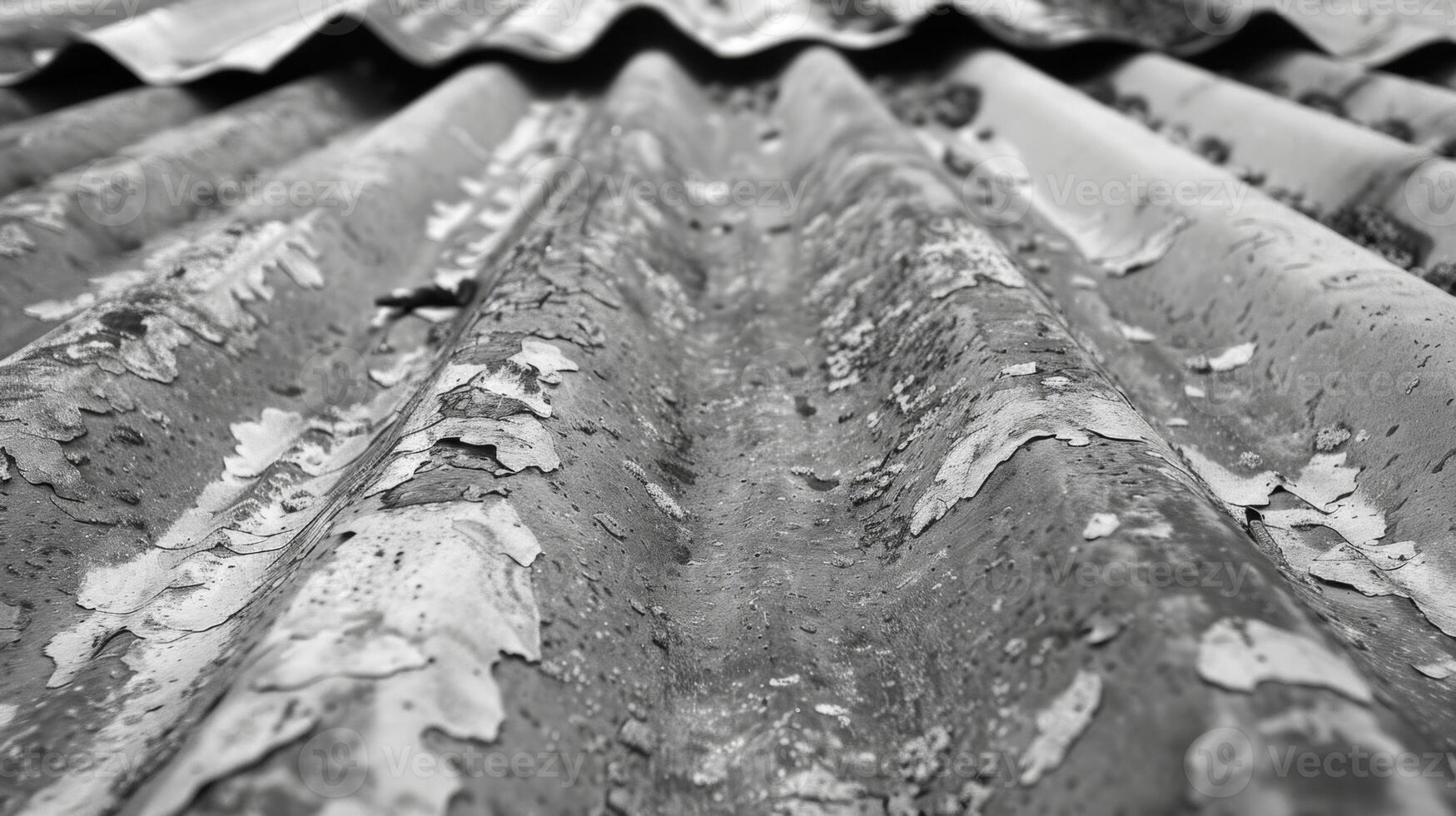 A closeup of a rusty metal roof its surface resembling that of a cled and weathered landscape. Black and white art. photo