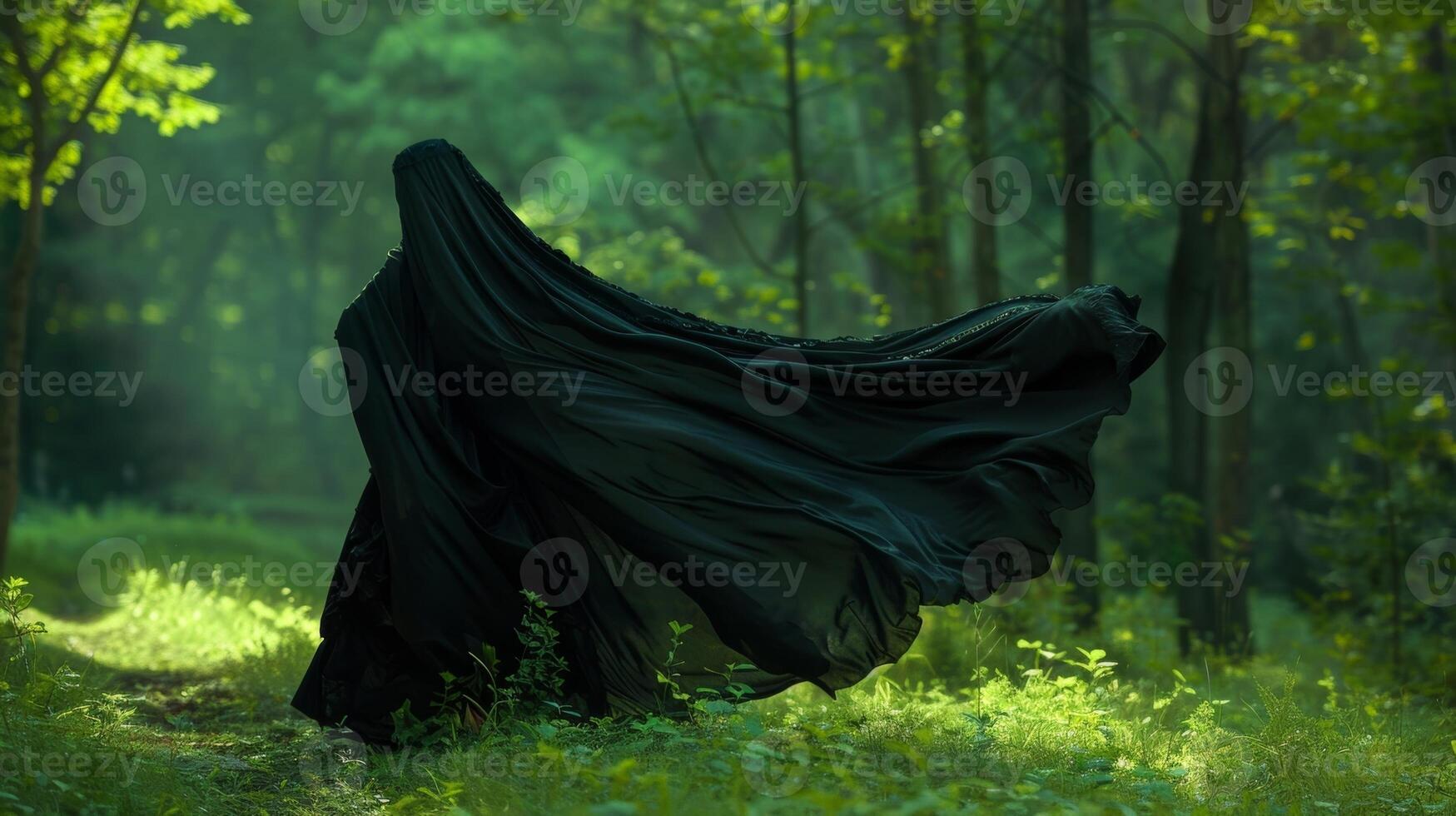 A black cloak dancing playfully a the emerald green of the forest guided by the playful breeze photo