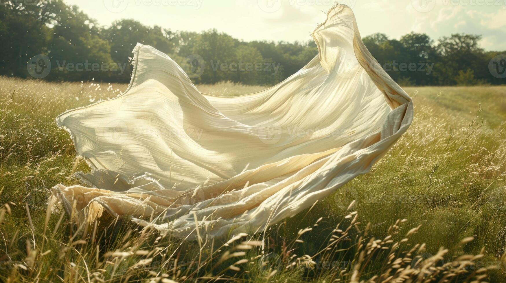 An empty picnic blanket being whisked away by the wind its edges swirling and dancing as it drifts across a meadow photo