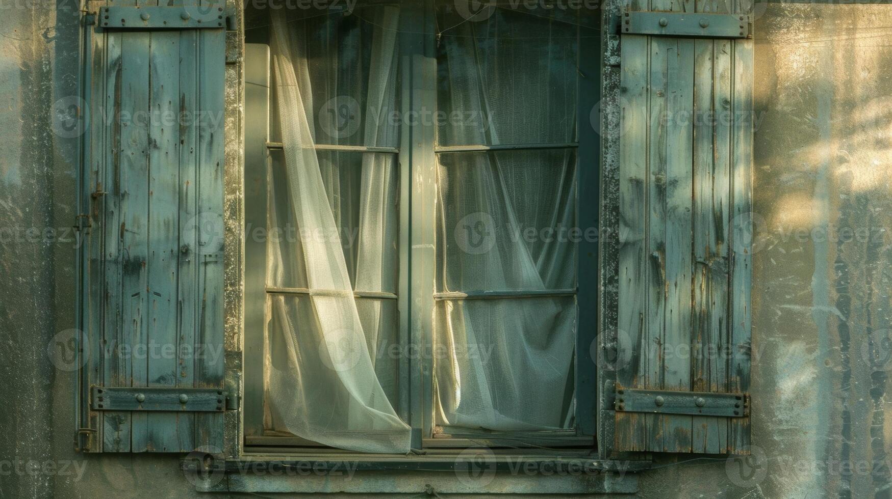 Delicate muslin curtains flutter lightly in the open windows of a centuriesold house photo