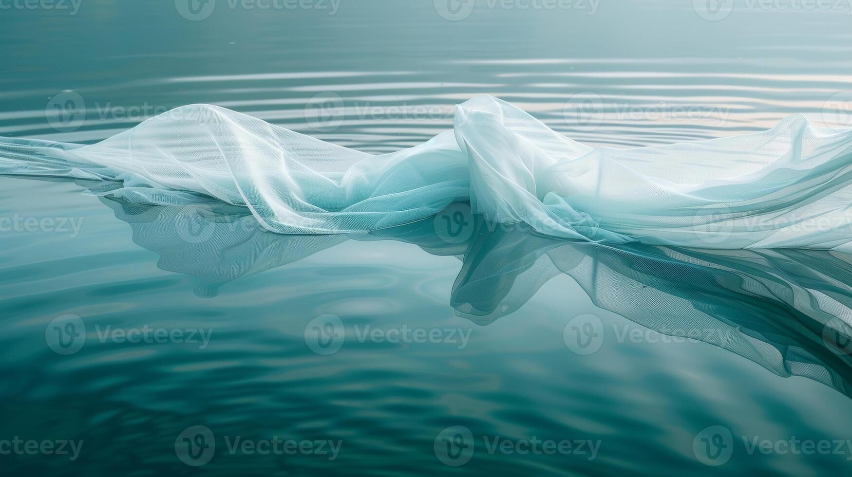 Soft wispy fabric glides effortlessly on the tranquil surface of a serene lake photo