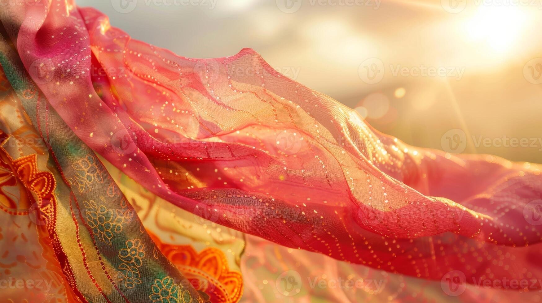 Flowing saris adorned with intricate threadwork and shimmering embroidery catching the suns rays as they fly in the wind photo
