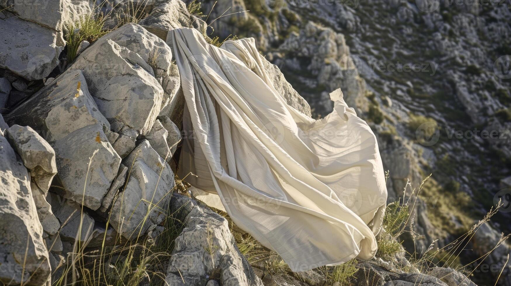 A toga fluttering against a rocky cliff as if trying to escape the grasp of the wearer and fly free in the wind photo