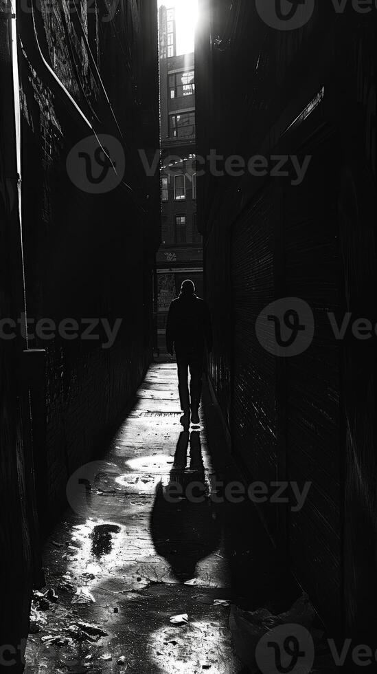A shadowy figure looms in the distance creating a sense of unease and uncertainty in the confined space of the alleyway. Black and white art. photo