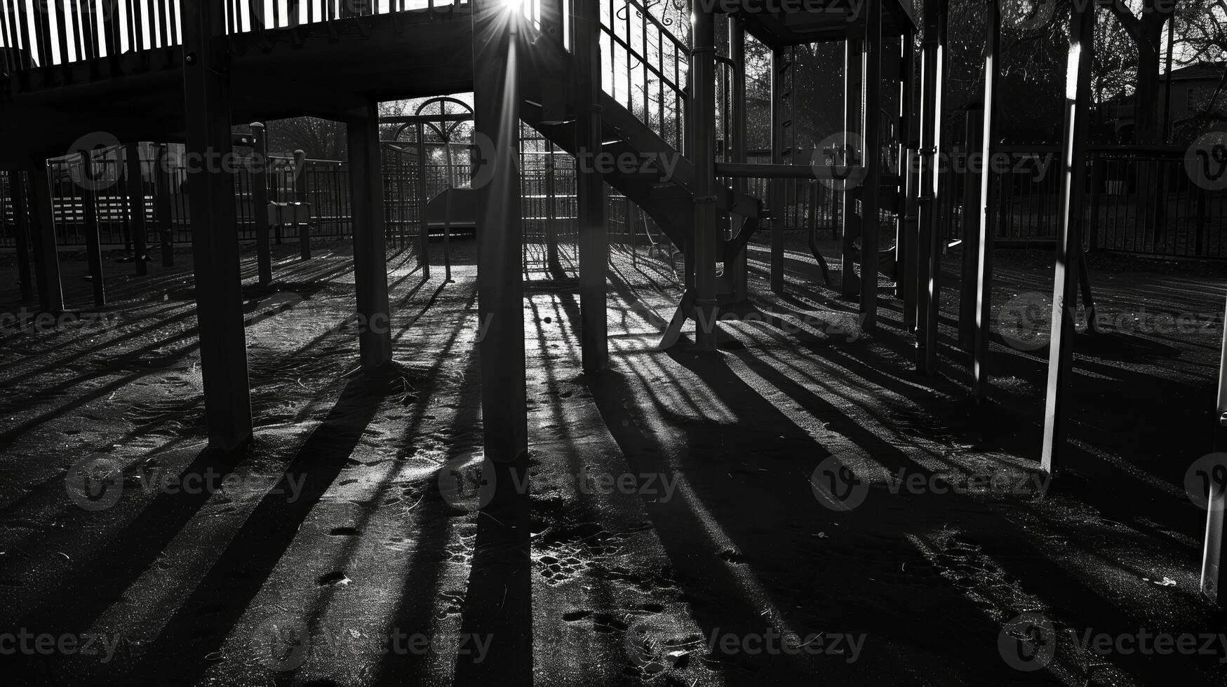 Shadows stretch across the barren jungle gym like fingers grasping for soing lost. Black and white art. photo