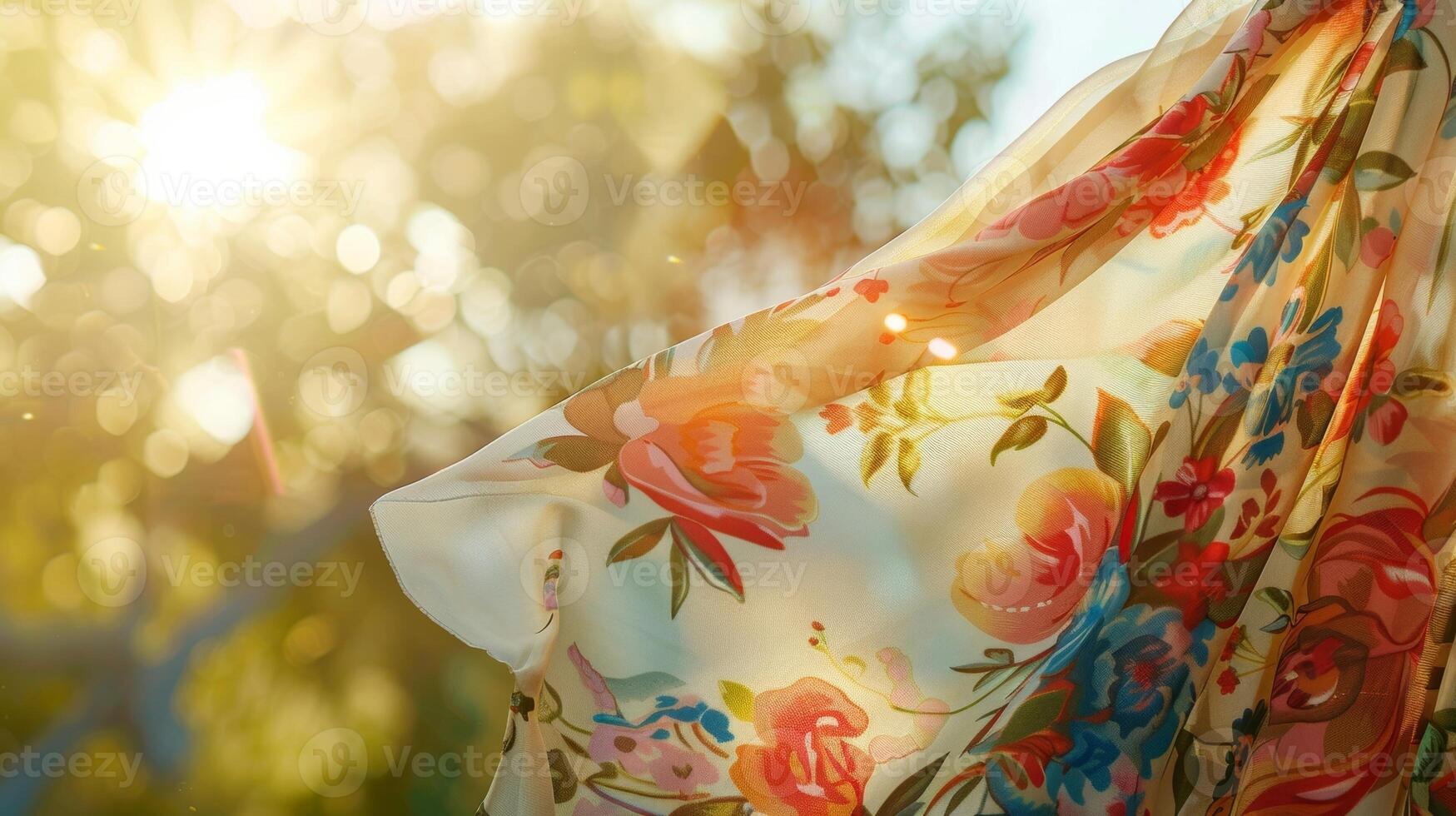 A floral print foulard scarf fluttering over a shoulder adds a romantic touch to a summery ensemble photo