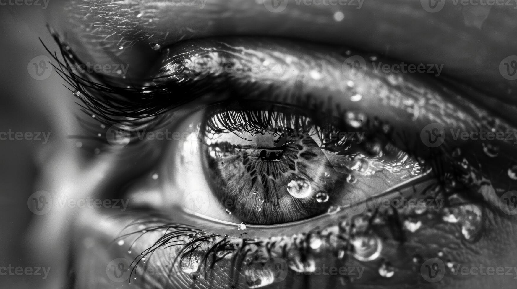 A crystalcleart.reflection of the surrounding environment can be seen in the eyes glossy surface. Black and white art. photo