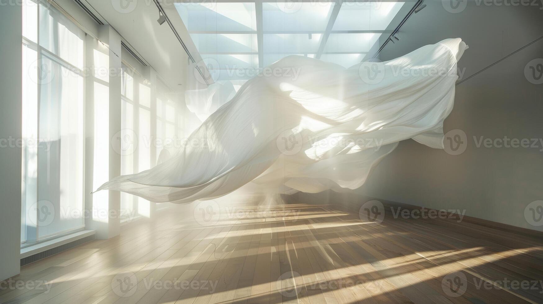 A simple yet impactful installation of white fabric billowing and floating seamlessly in a void photo