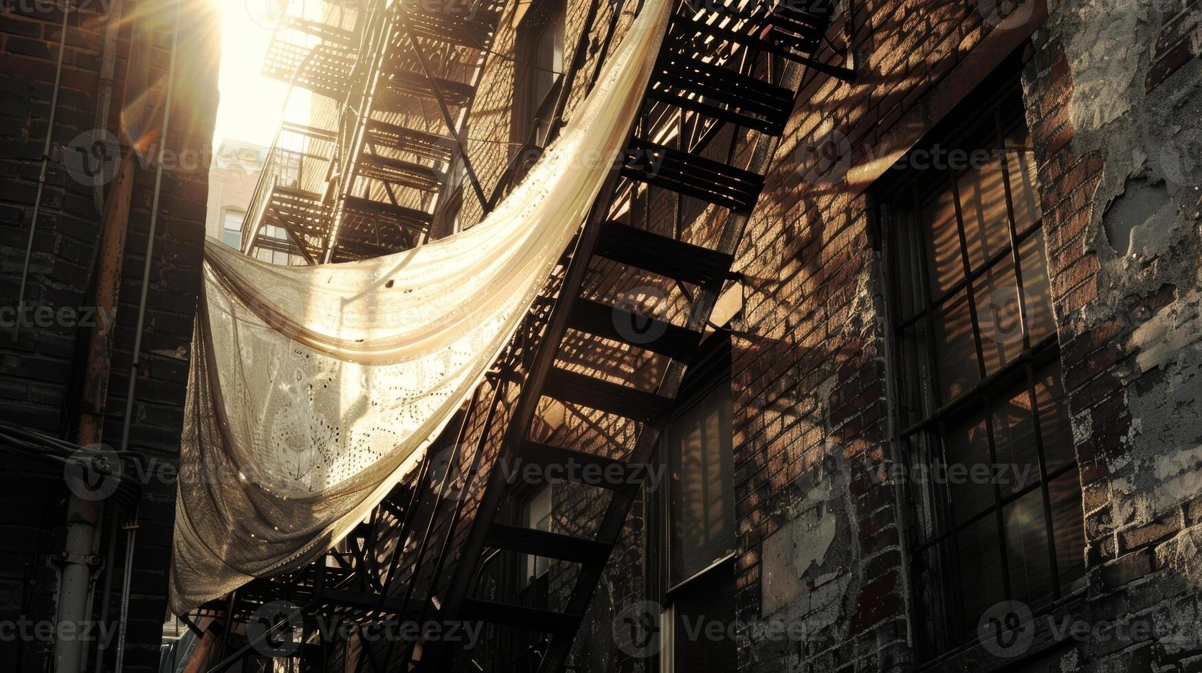 A glimpse of delicate fabric caught on a rusty fire escape elegantly dd against the rough edges of the alley walls photo