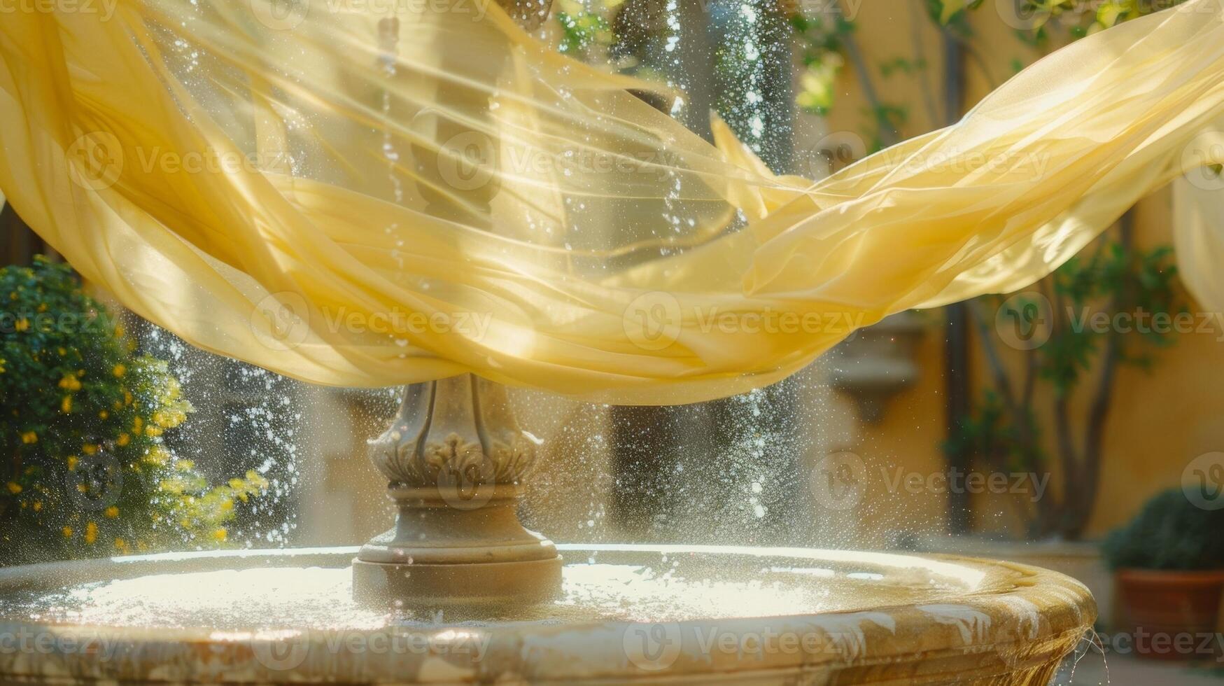 Pale yellow chiffon fabric delicately ds over the courtyard fountain adding a touch of elegance to the scene photo