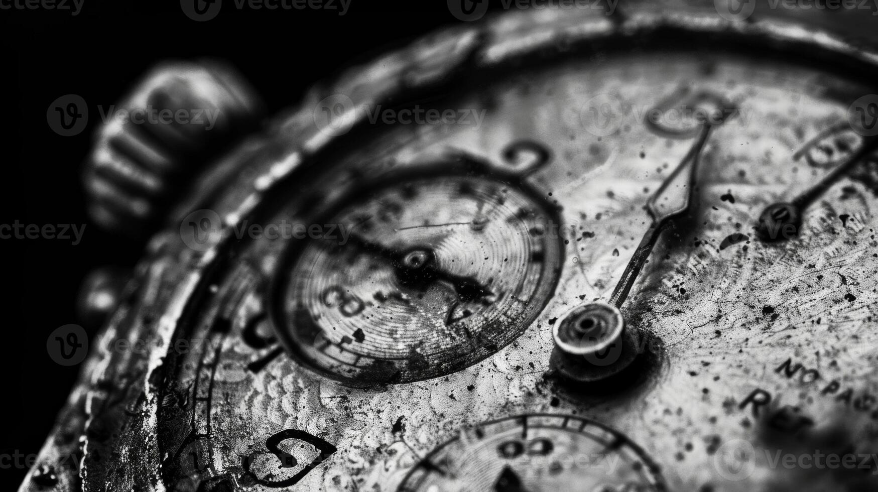 The textured surface of a vintage watch face revealing years of use and wear. Black and white art. photo