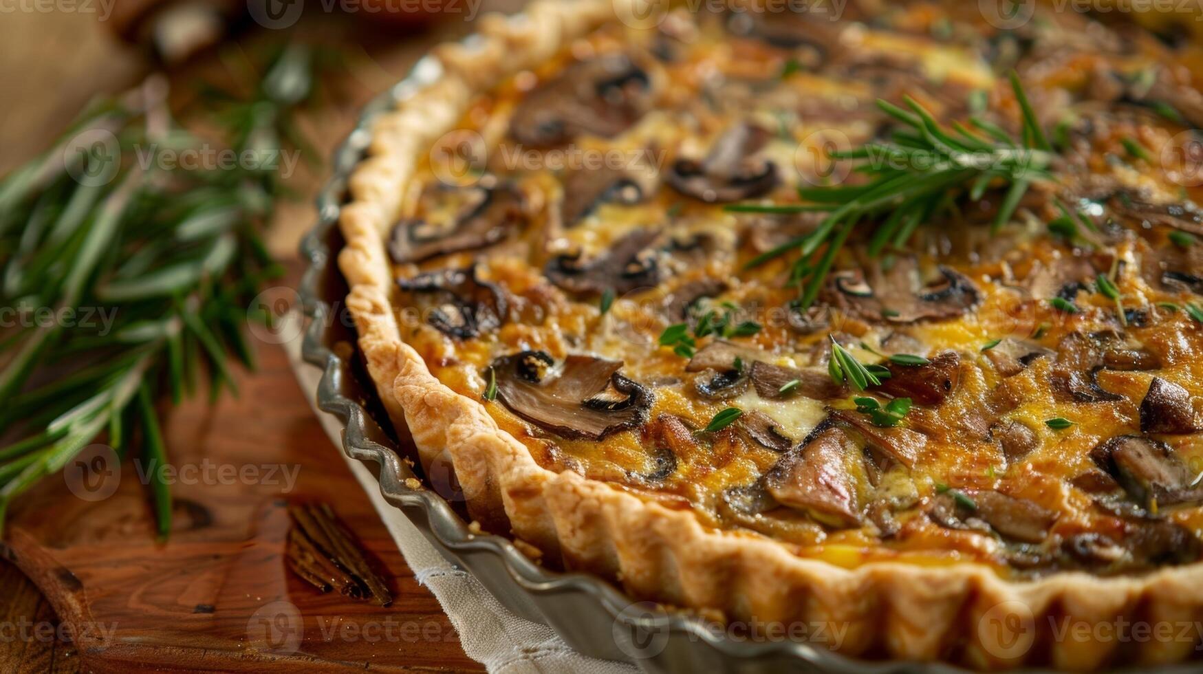 A savory quiche made with farmfresh eggs foraged mushrooms and herbs from the highland gardens photo