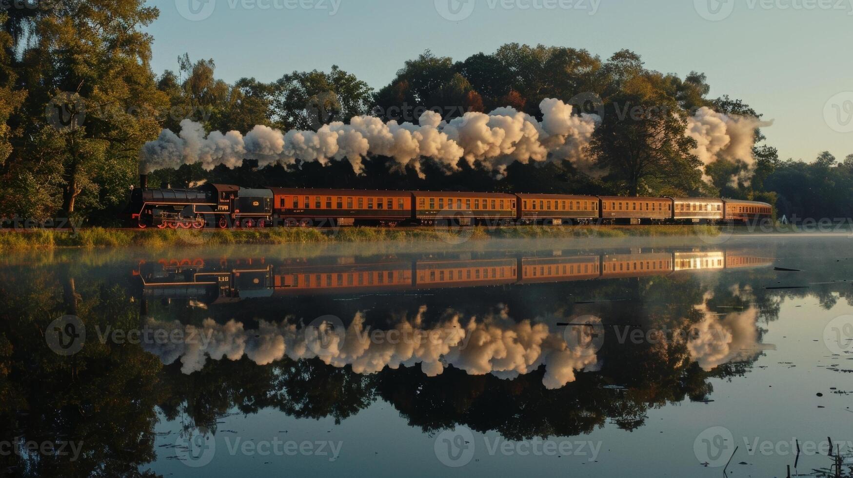 The reflection of the train in the still waters creates a dreamy otherworldly scene photo