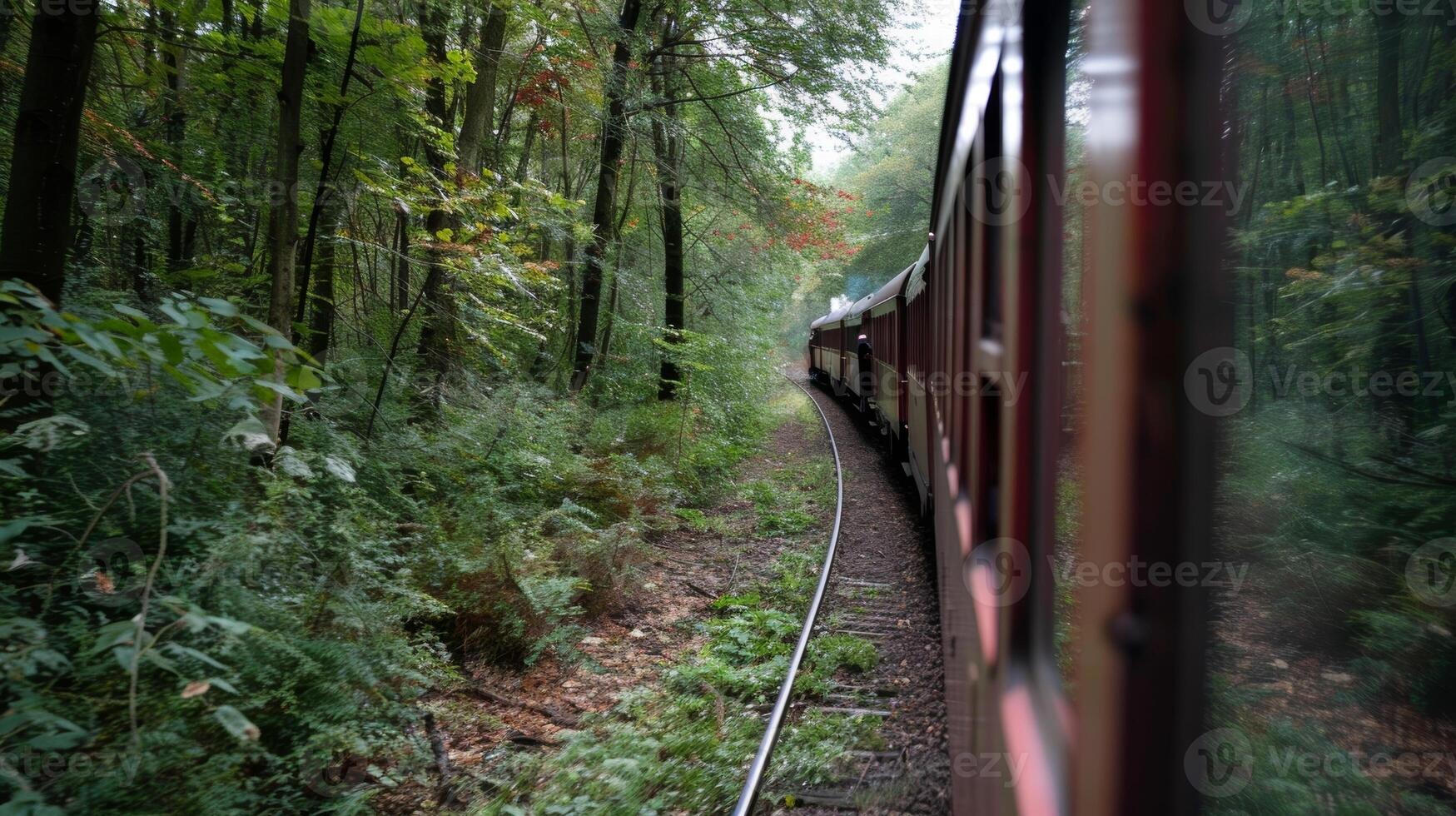 The trains journey through the forest is like a trip through a painting photo