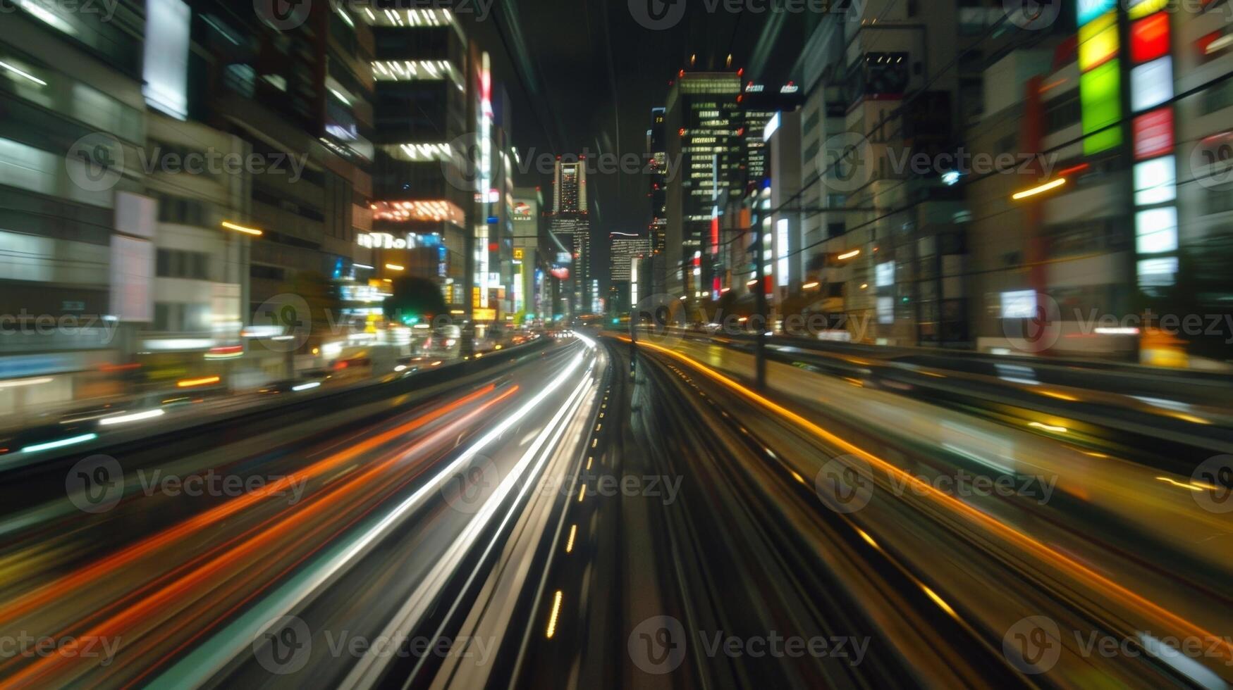 A blur of colors as the train zooms through the citys busy atmosphere photo