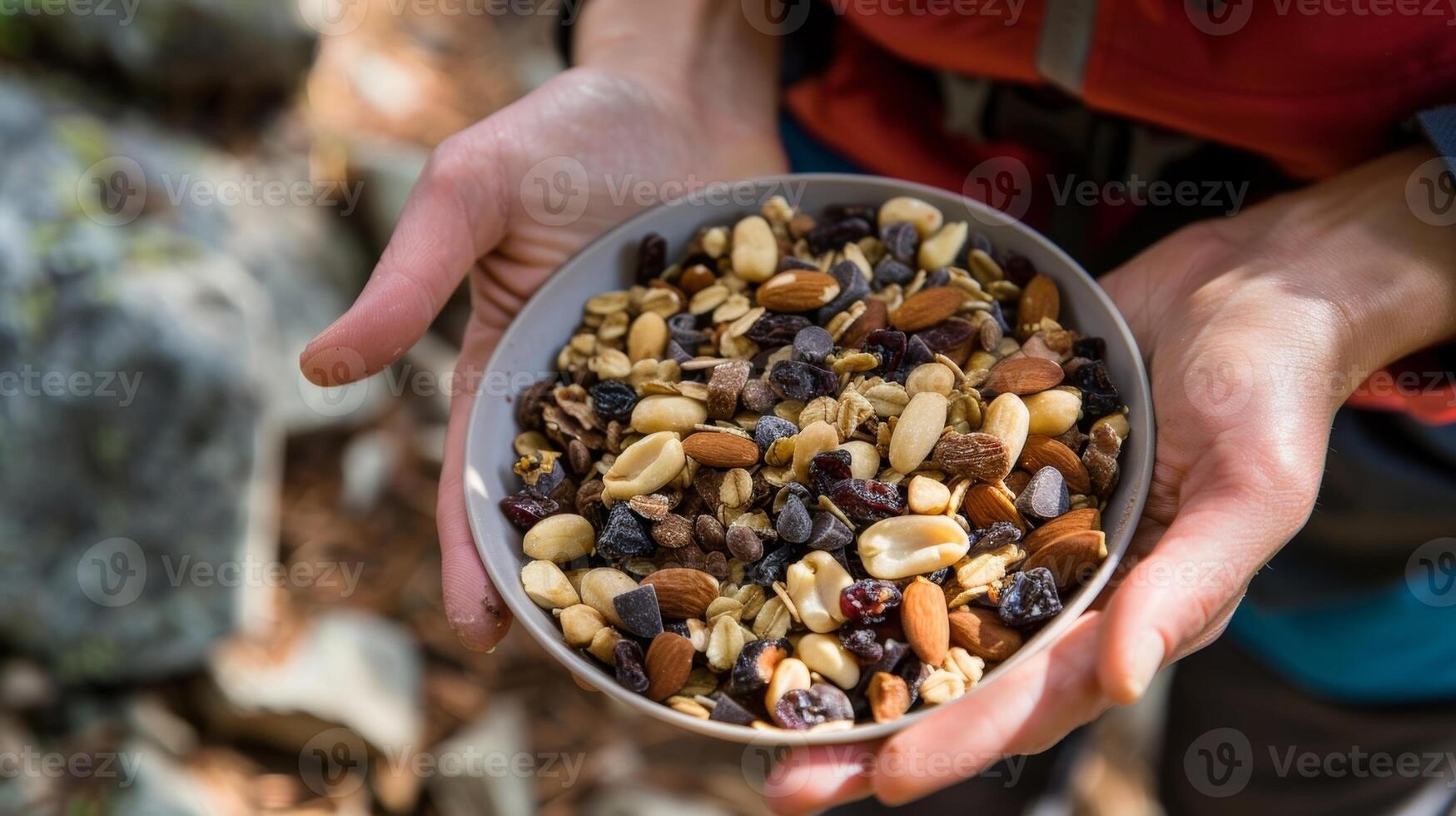 A homemade trail mix filled with nuts dried fruits and chocolate chips provides an energizing boost for a hiker making their way up a steep incline photo
