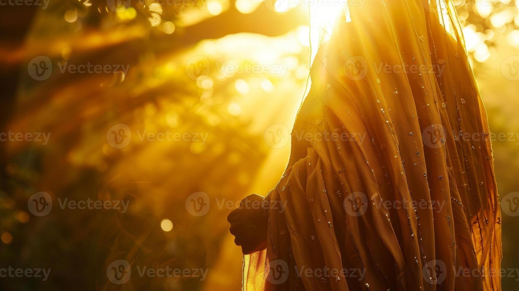 The golden rays of the sun illuminate the streaming robes creating a sense of divine spirituality photo