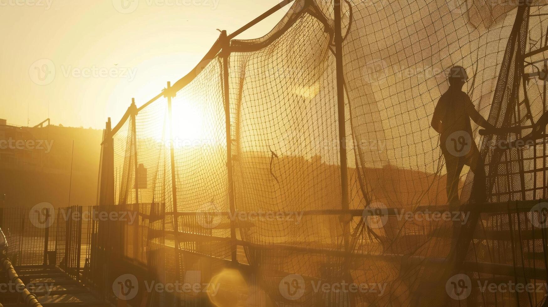 Thick safety netting catches debris and dust as a construction crew works above providing protection for those below photo
