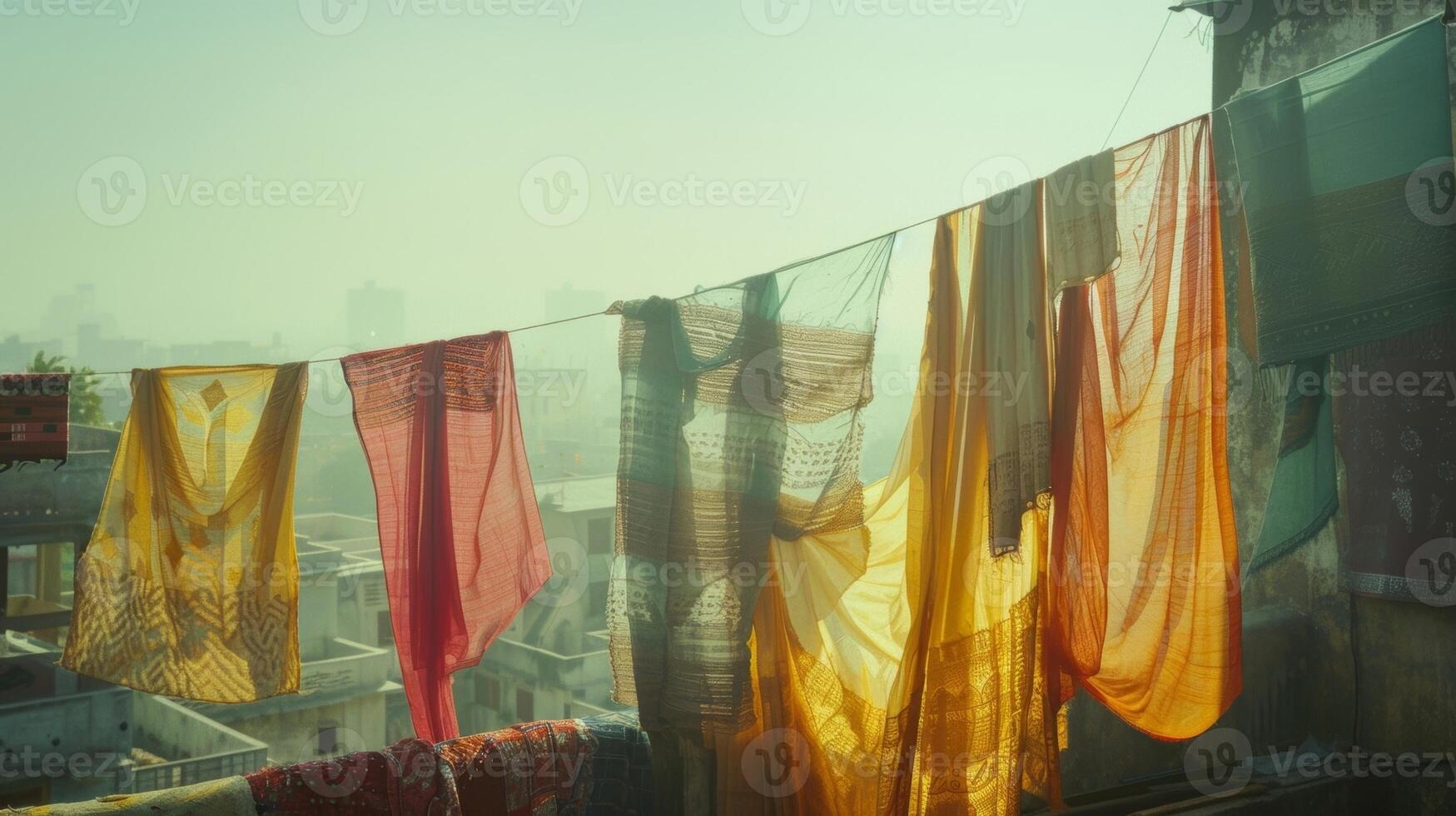 An array of fabrics cascading down the rooftop creating a beautiful haze in the wind photo